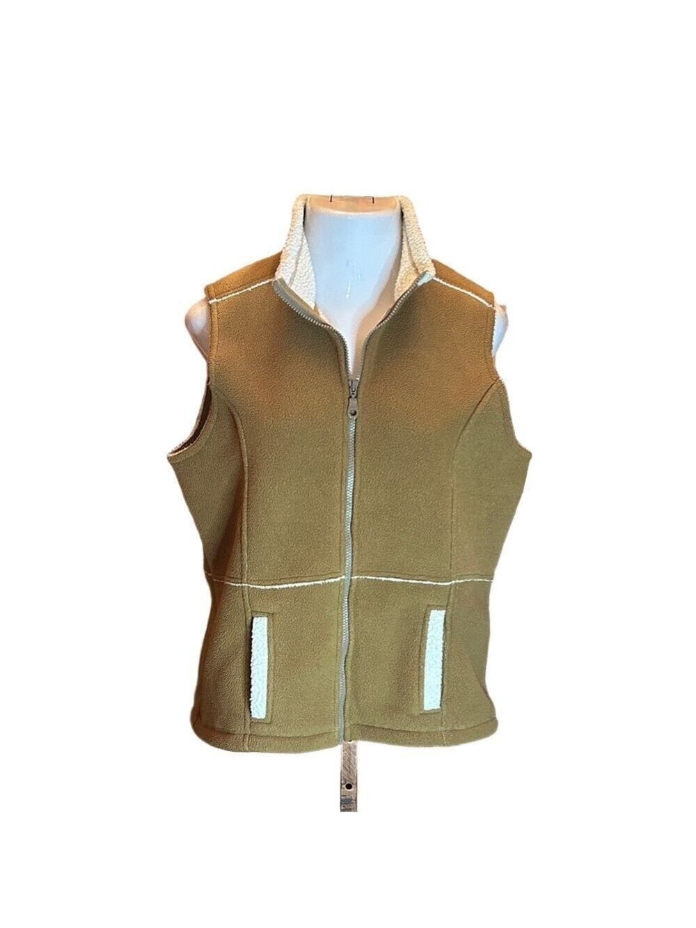 CHRISTOPHER & BANKS Cozy Warm Camel & Cream Sherpa Fleece Zip up Vest Size L